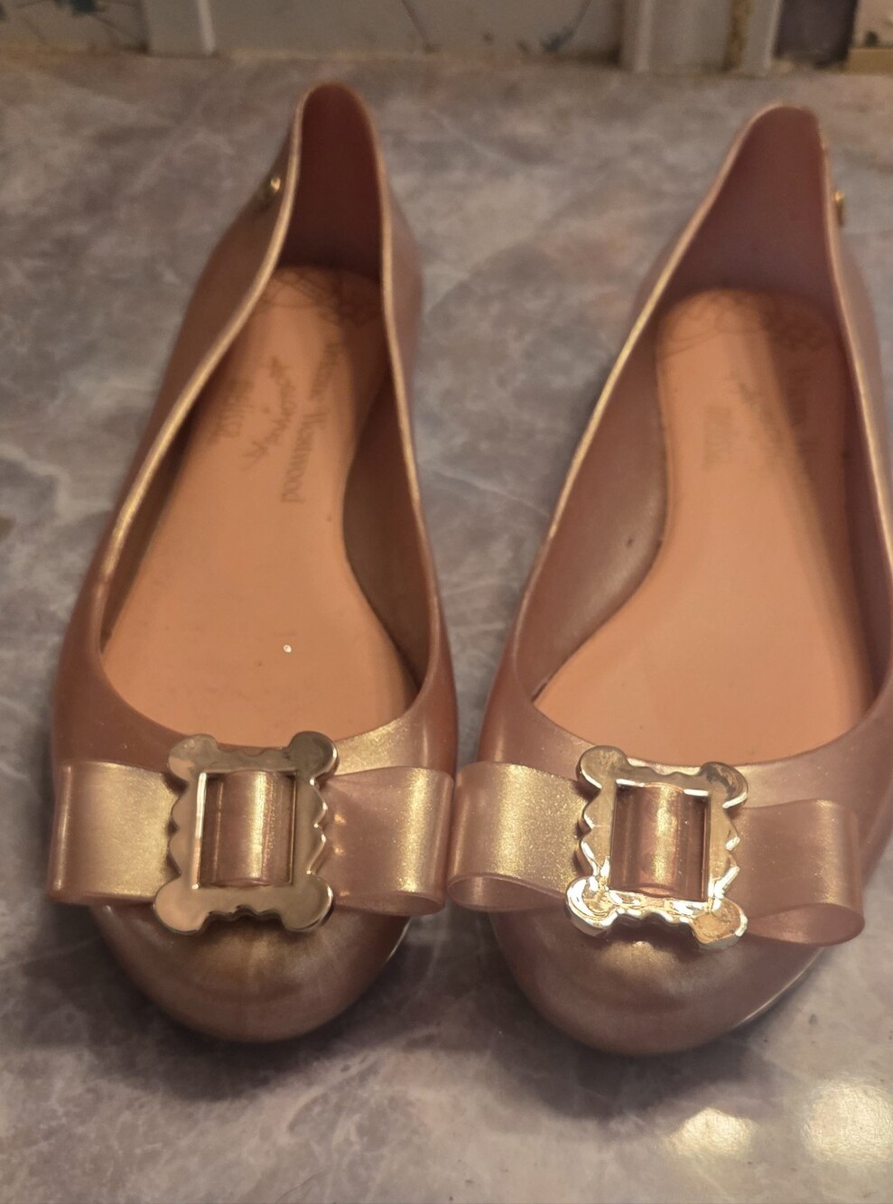 Vivienne Westwood Melissa Metallic Rose Gold Ballet Flats with Decorative Buckle